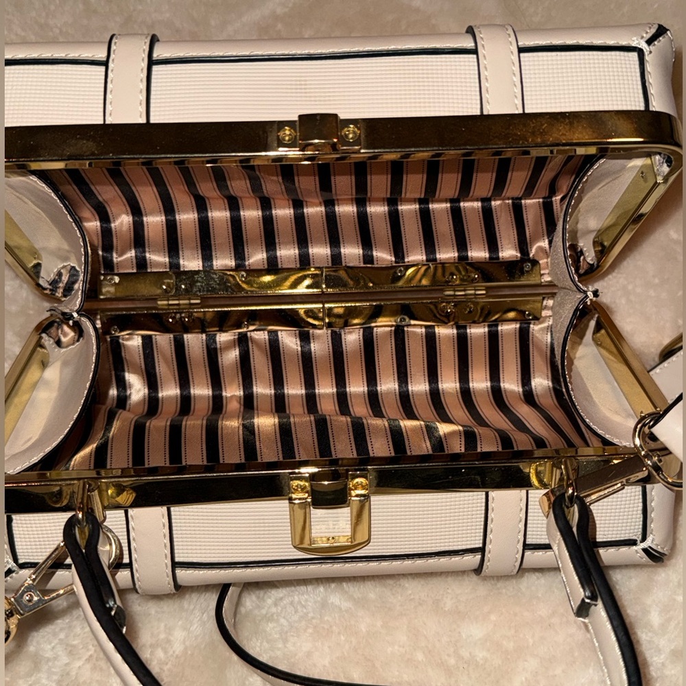 Structured Faux Leather Cream Mini Suitcase Trunk Buckle Crossbody Handle Bag - Picture 9 of 10